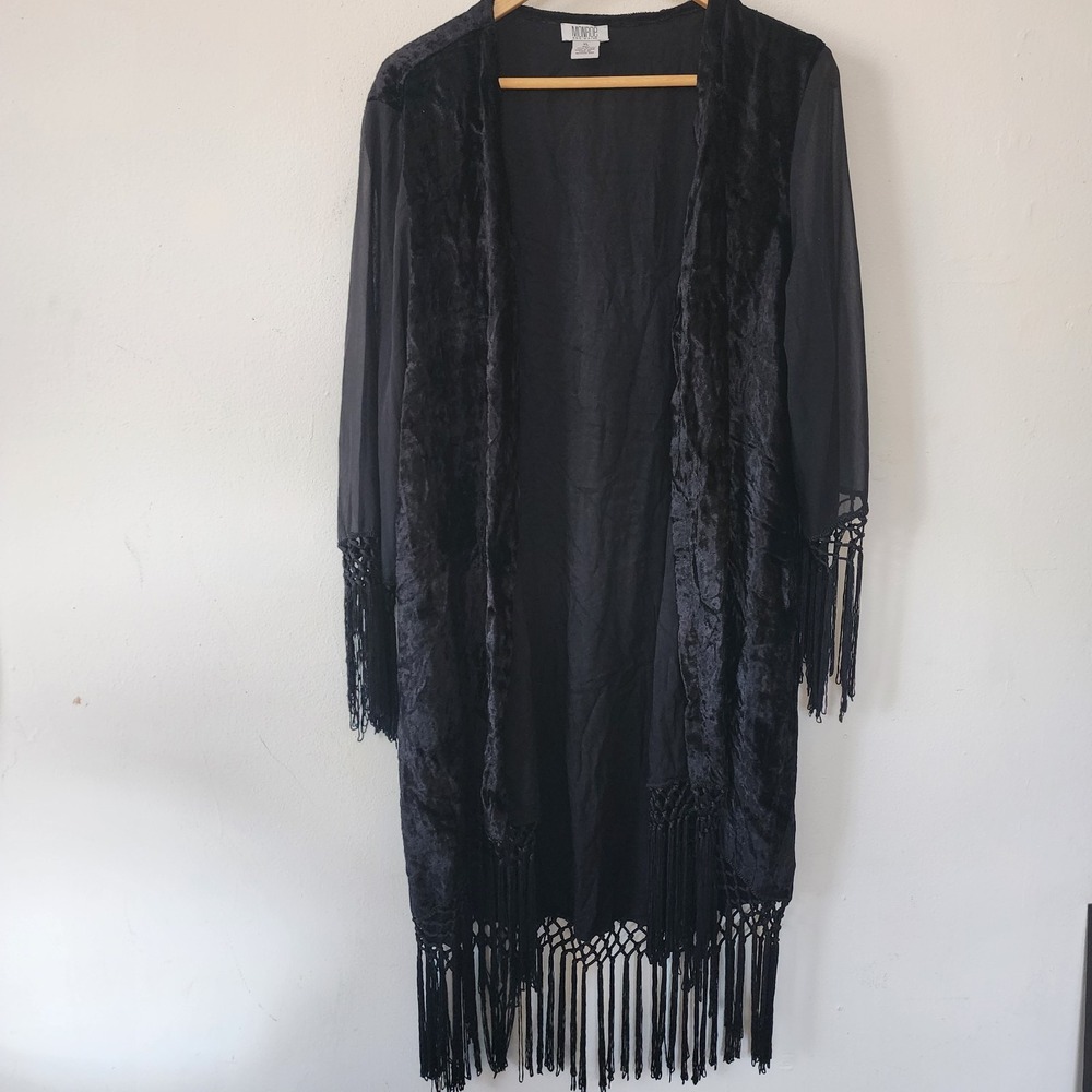 Monroe And Maine XL Black Fringe Velvet Shawl Cardigan Sheer Sleeves Bohemian